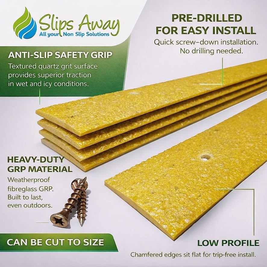 Yellow Anti - Slip Decking Strips – 50mm GRP Stair Treads for Outdoor Safety - Slips Away - Decking strips - Yellow 500mmx50mm - x1 - 