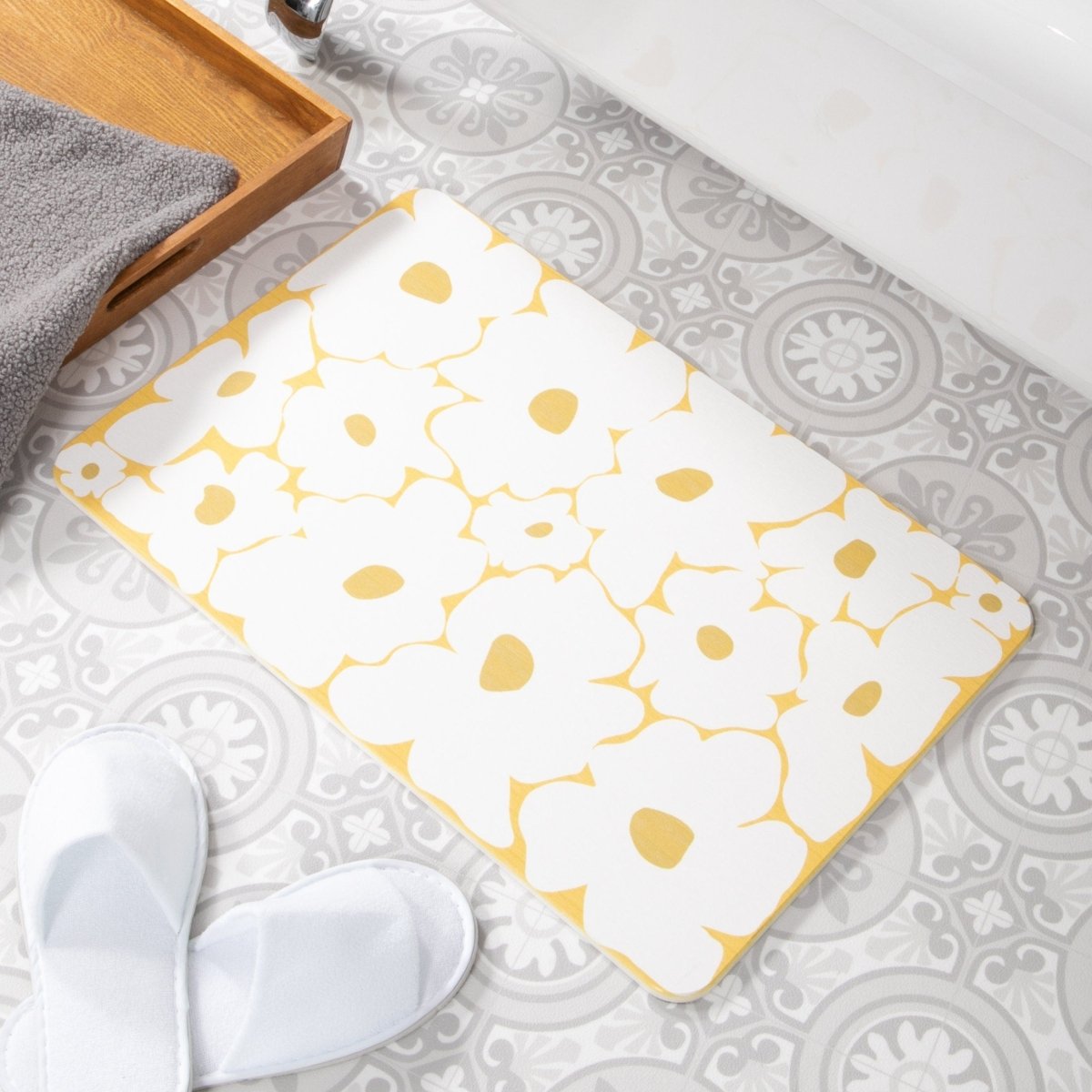 Yellow Flowers Bathmat - White Stone Non Slip Bath Mat - Modern Floral Mat - Bathroom Entrance Mat - Housewarming Gifts - 39 X 60Cm - Slips Away - 1344580141 -