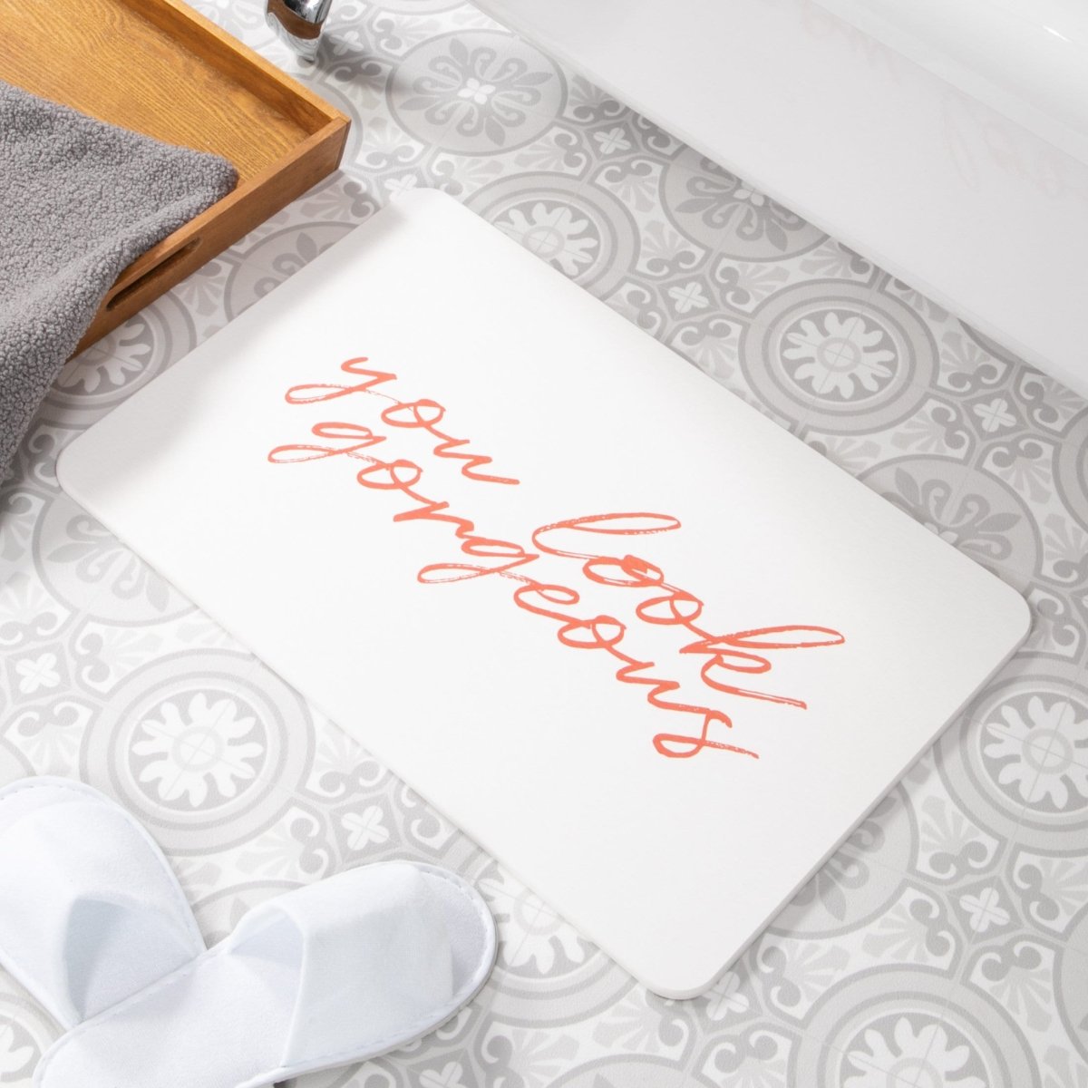 You Look Gorgeous Bath Mat - Wedding Gift - Housewarming Gift - Cute Bathmat - Bathroom Décor - Anti-Slip White Stone Non Slip Bath Mat - Slips Away - 1344581271 -