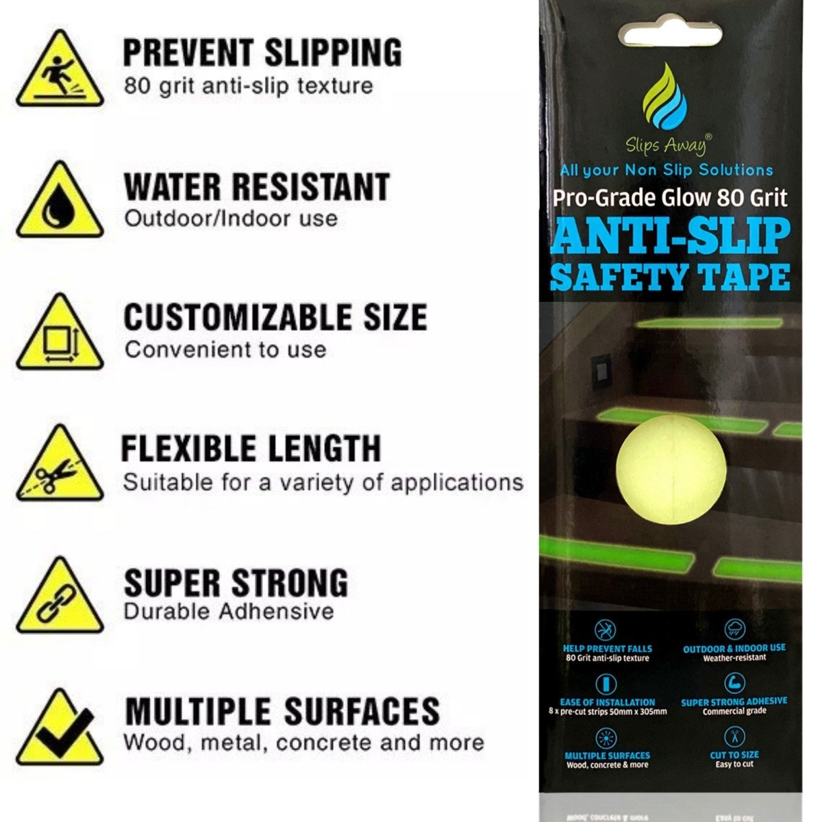 8 Pack Anti Slip Strips Luminous, Glow in the Dark Pre Cut Tape , 12" x 2" - Slips Away - SA044 -