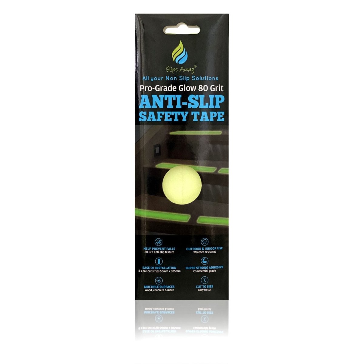 8 Pack Anti Slip Strips Luminous, Glow in the Dark Pre Cut Tape , 12" x 2" - Slips Away - SA044 -