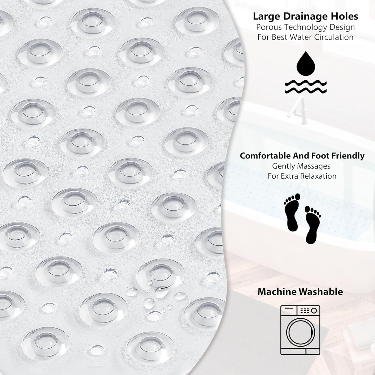 Bathtub Mat Non Slip – 100 X 40 CM Non Slip Bath Mat – Easy Clean Non Slip Shower Mats – Sturdy Suction Cup Attaching – Comfortable for Feet – Draining Holes – Modern Design (Transparent)