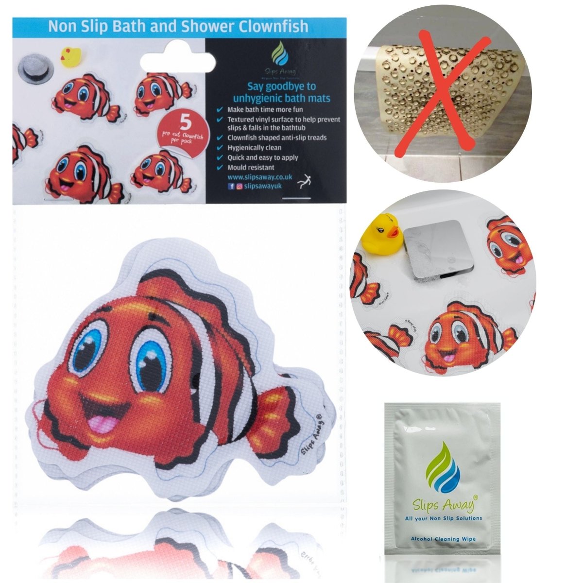 Anti slip Kids Bath Stickers - Clownfish ( 5x Pack ) - Slips Away - SA023 -