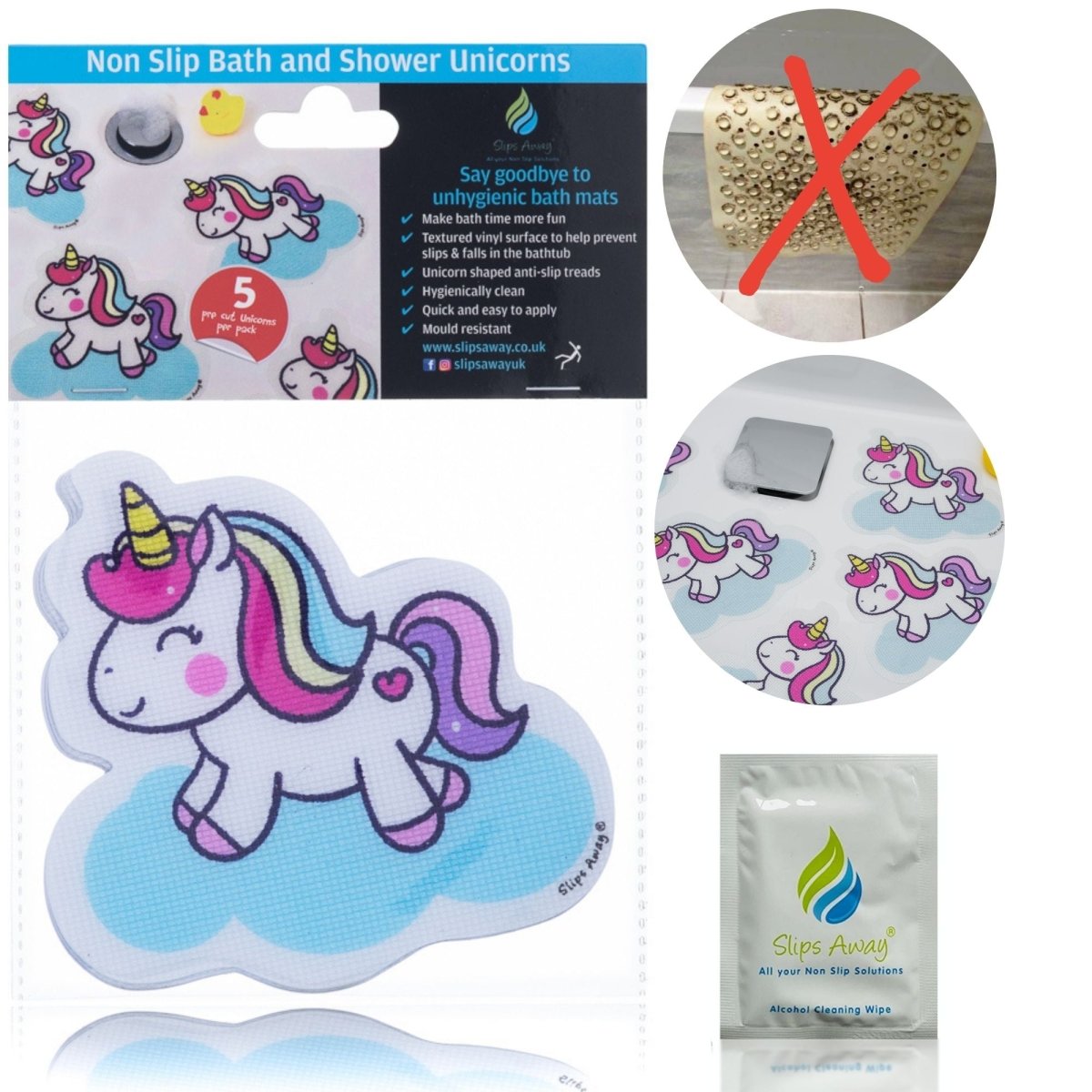 Anti Slip Kids Bath Stickers - Cute Unicorn ( 5x Pack ) - Slips Away - SA024 -