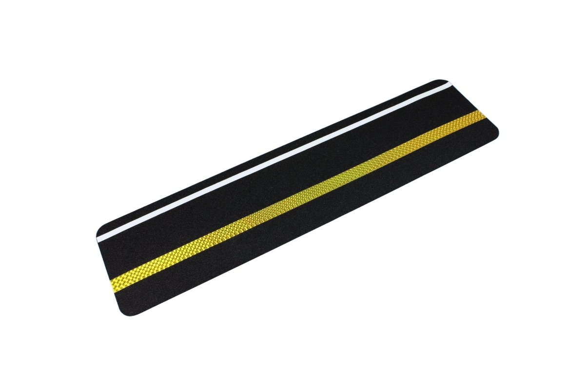 Anti Slip Pre Cut Tile Tread, Black & Yellow Stripe, 150mm x 610mm - Slips Away - H3412YUA-150mm-x-610mm-Reflective-and-Glow-in-the-Dark-Stripe-Tile -