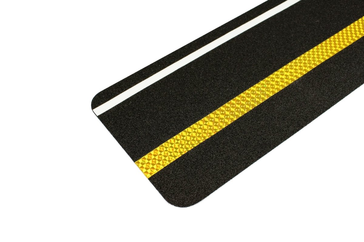 Anti Slip Pre Cut Tile Tread, Black & Yellow Stripe, 150mm x 610mm - Slips Away - H3412YUA-150mm-x-610mm-Reflective-and-Glow-in-the-Dark-Stripe-Tile -