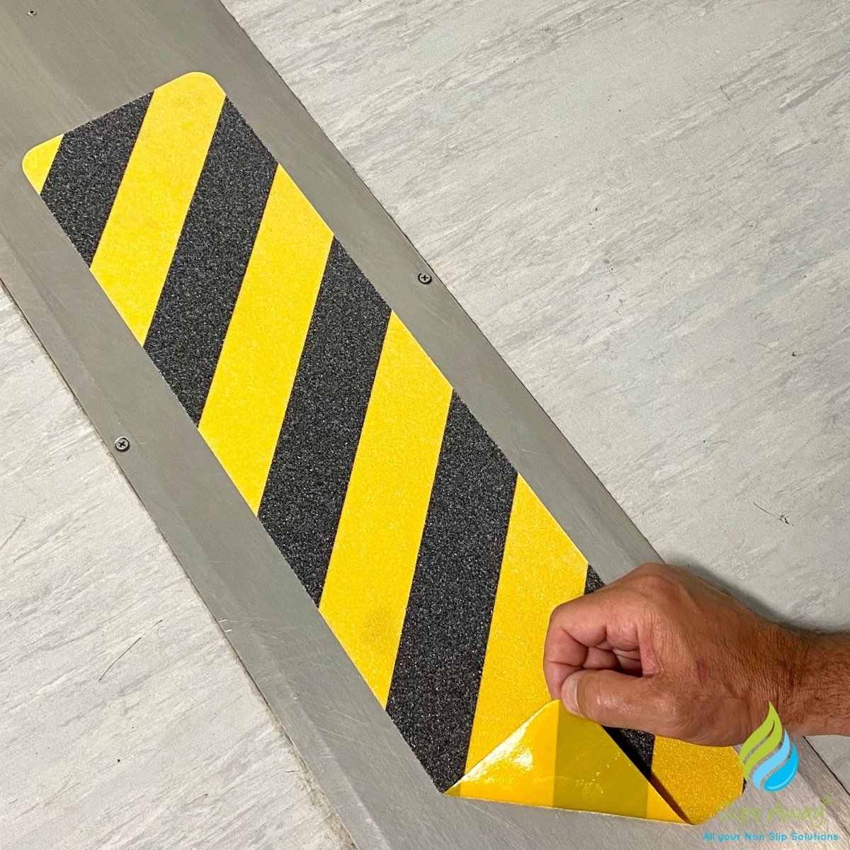 Anti Slip Pre Cut Tile Tread, Hazard Yellow & Black, 150mm x 610mm - Slips Away - SA090 -