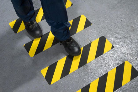 Anti Slip Pre Cut Tile Tread, Hazard Yellow & Black, 150mm x 610mm - Slips Away - SA090 -