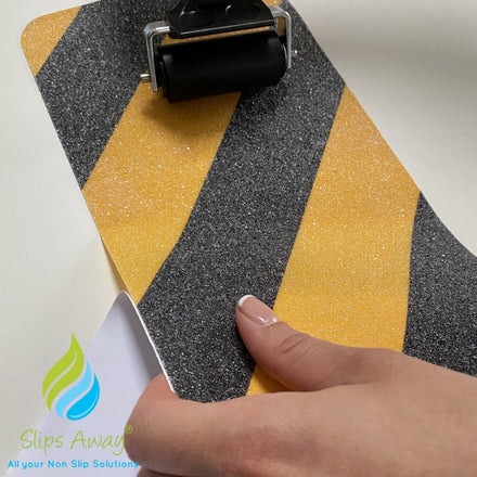 Anti Slip Pre Cut Tile Tread, Hazard Yellow & Black, 150mm x 610mm - Slips Away - SA090 -