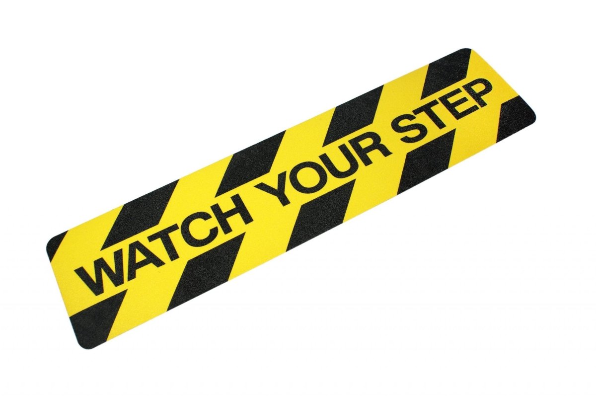 Anti Slip Pre Cut Tile Tread " WATCH YOUR STEP " 150mm x 610mm - Slips Away - H3413-Watch-Your-Step-Printed-Anti-Slip-Warning-Tape 150mmx 610mm-1 -