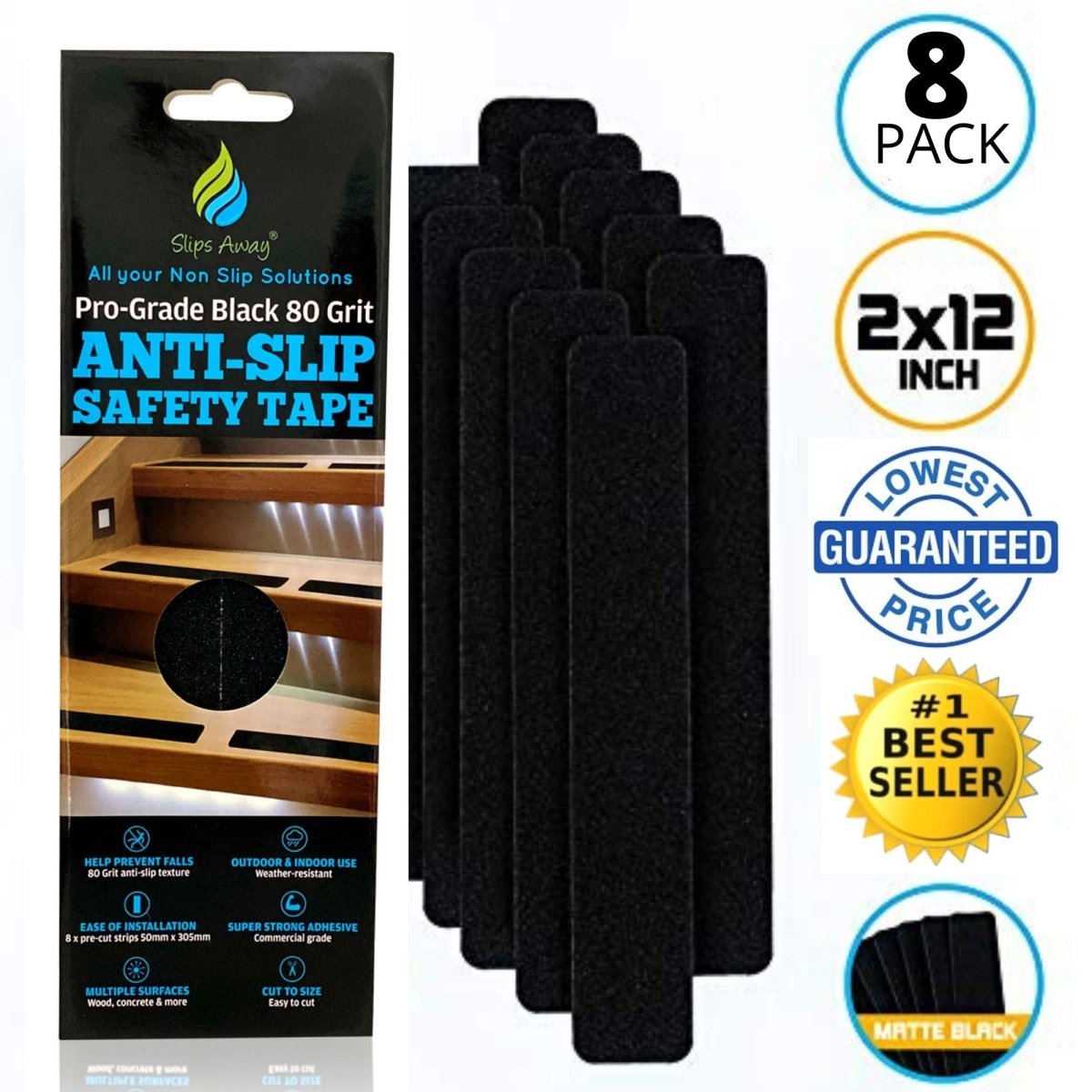 Anti Slip Tape Pre Cut Treads in Black 12" x 2 " 8x Pack - Slips Away - SA027 -
