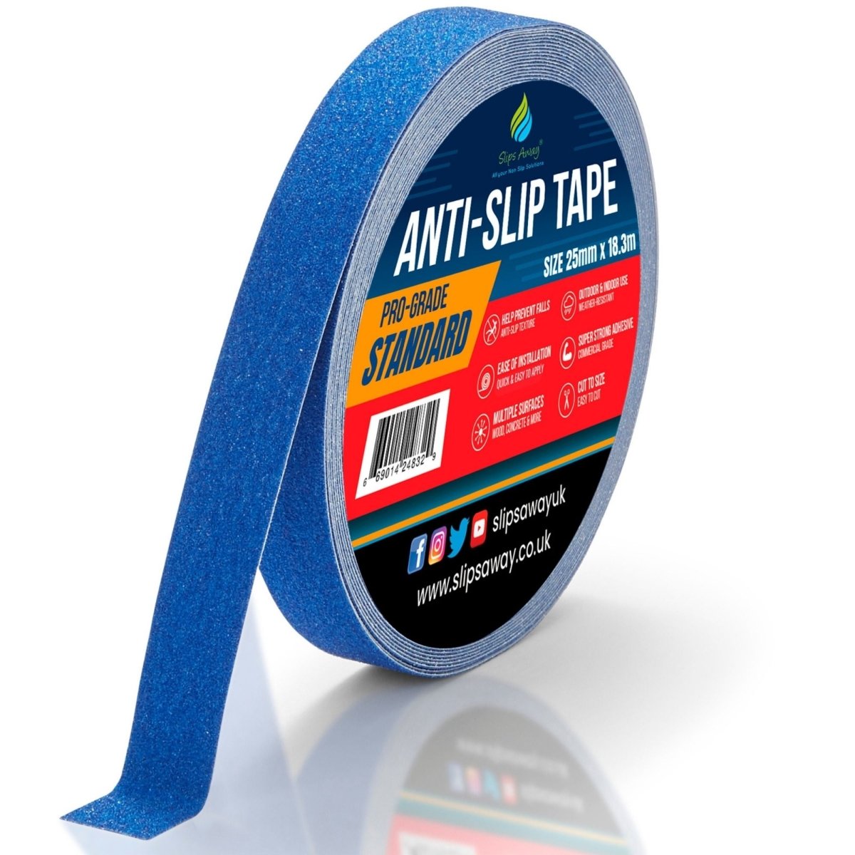 Blue Anti Slip Tape Rolls Standard Grade - Slips Away - Anti slip tape - 25mm x 18.3m - Made in the UK - Highest Quality