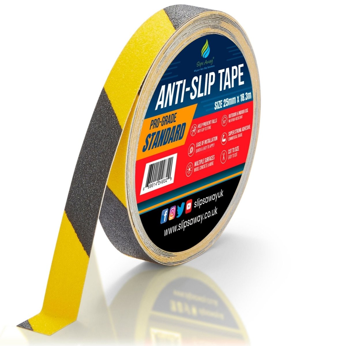 Hazard Yellow black Non Slip Tape Rolls Standard Grade - Slips Away - Anti slip tape - 25mm x 18.3m Made in the UK