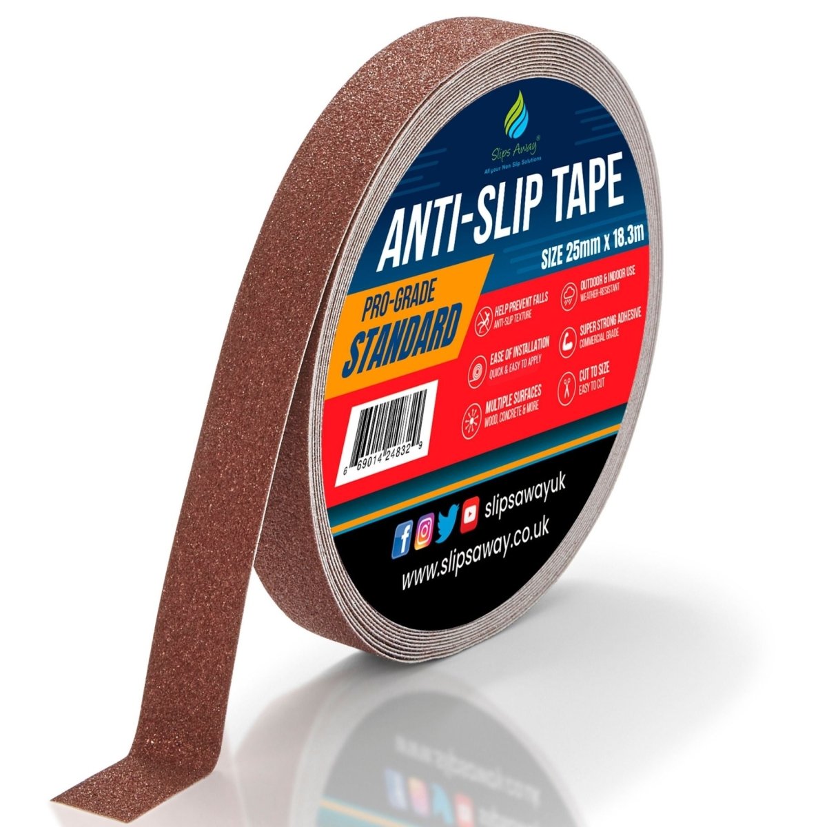 Brown Anti Slip Tape Rolls Standard Grade - Slips Away - Anti slip tape - 25mm x 18.3m -Made in the UK - Highest Quality