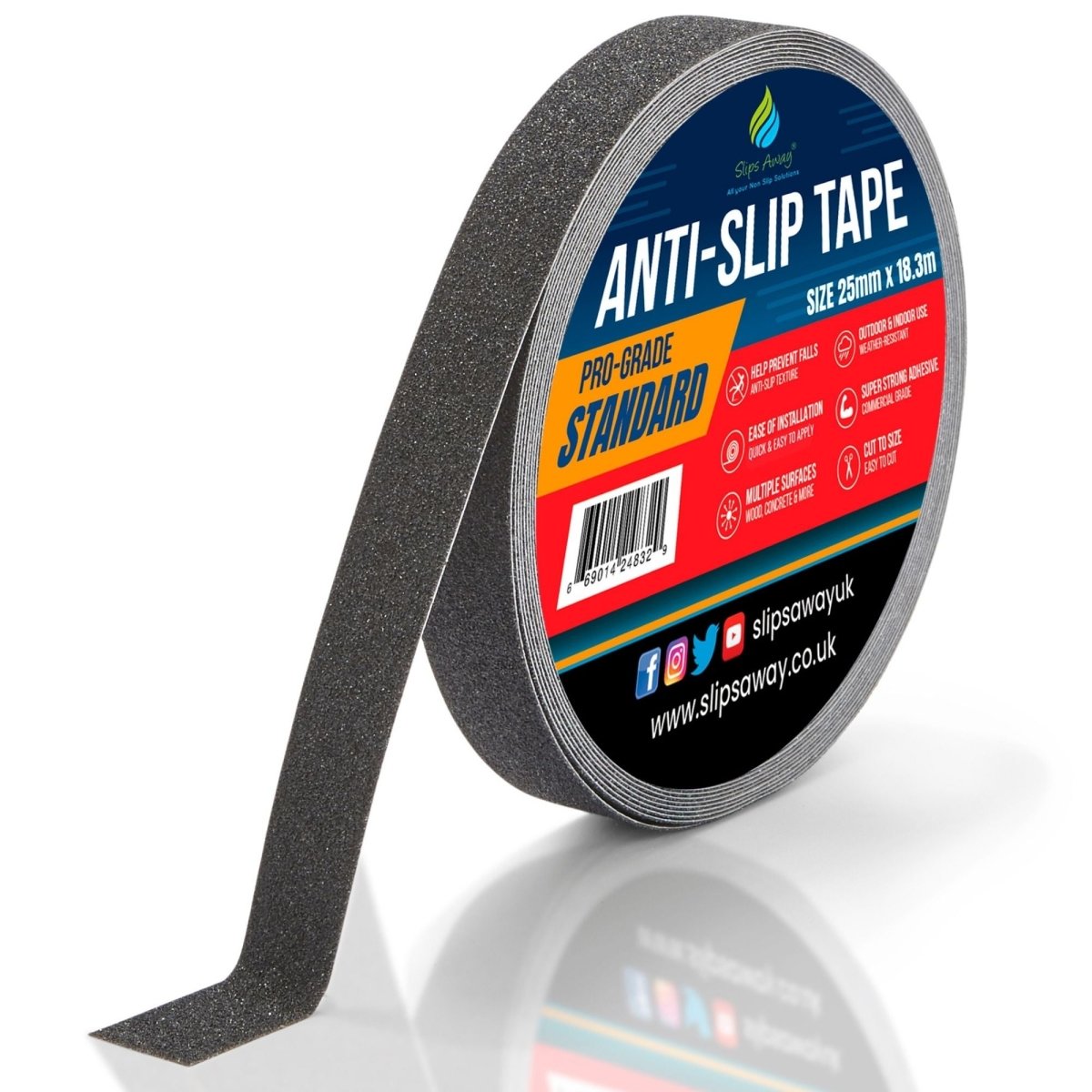 Black Non  Slip Tape Rolls Standard Grade - Slips Away - Non slip tape - 25mm x 18.3m -Made in the UK - Highest Quality