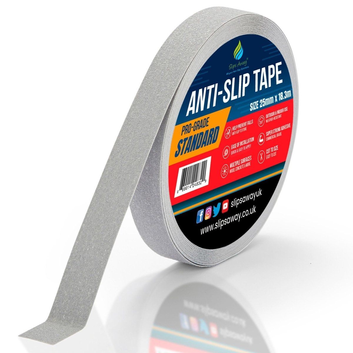 Grey Anti Slip Tape Rolls Standard Grade - Slips Away - Anti slip tape - 25mm x 18.3m -Made in the UK - Highest Quality