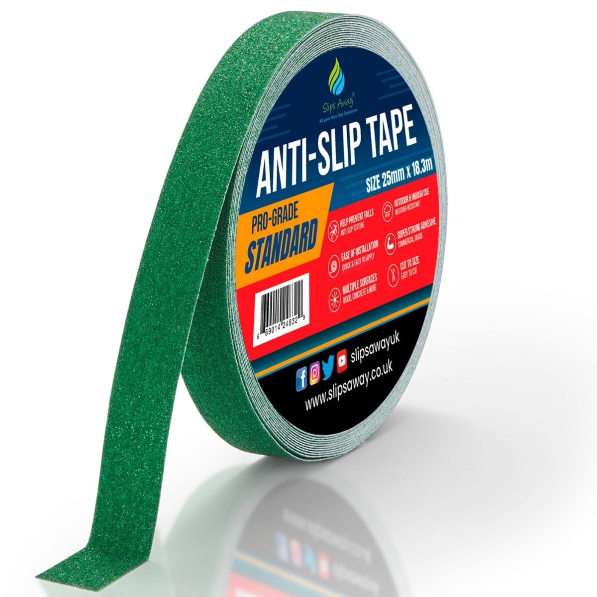 Green Anti Slip Tape Rolls Standard Grade - Slips Away - Non slip tape - 25mm x 18.3m - Made in the UK - Highest Quality