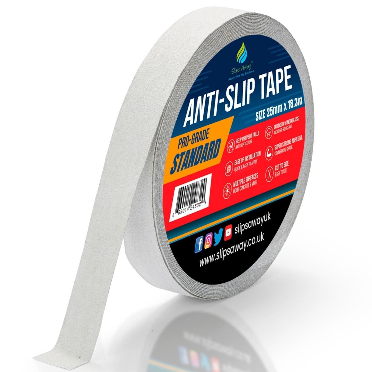 White Anti Slip Tape Rolls Standard Grade - Slips Away - Anti slip tape - 25mm x 18.3m -Made in the UK - Highest Quality