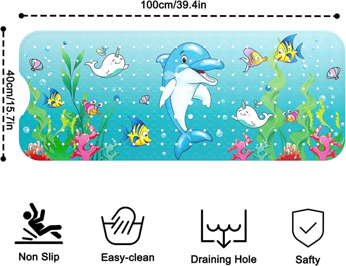 Baby Bath Mat Non Slip Anti Mould, 100x40cm Extra Long with Suction Cups and Drain Holes