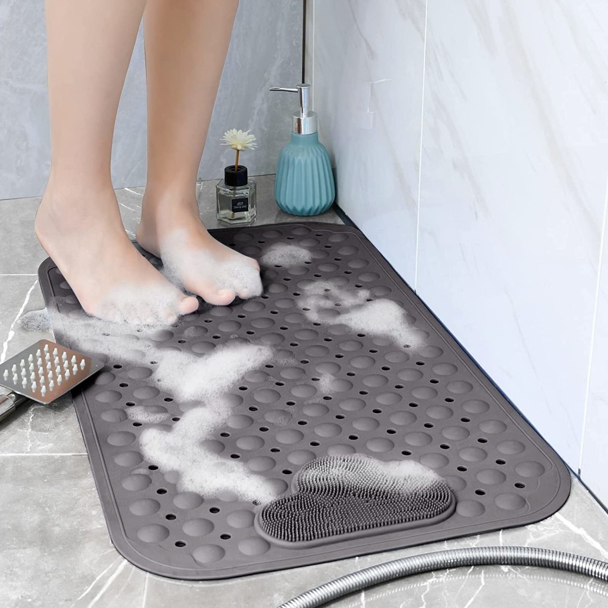 Bath Mat Non Slip Anti Mould with Foot Scrubber 70 x 40cm TPE Material Shower Mat