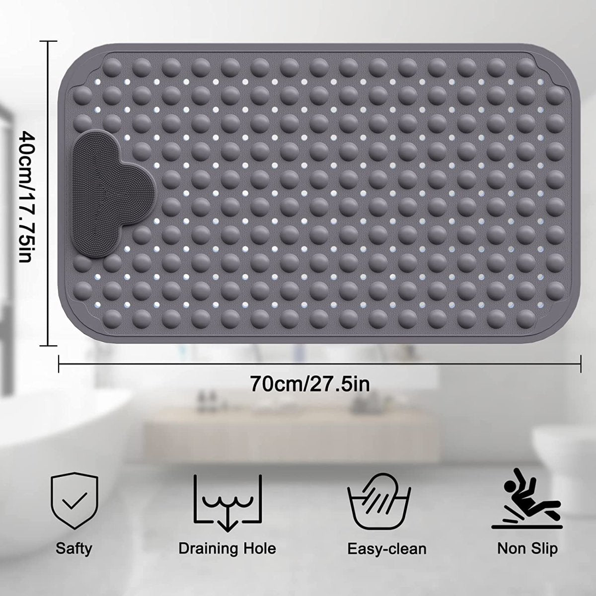 Bath Mat Non Slip Anti Mould with Foot Scrubber 70 x 40cm TPE Material Shower Mat