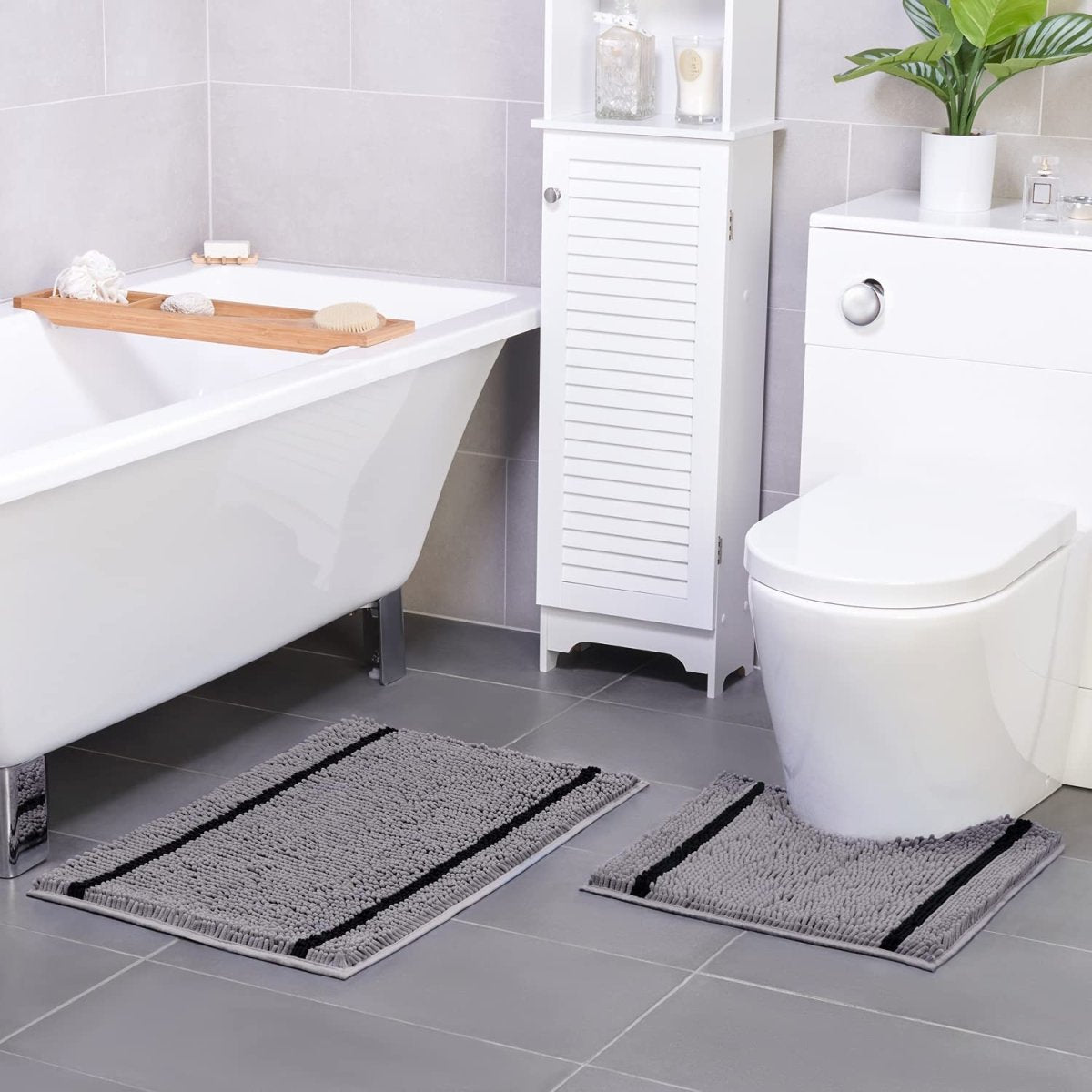 2-Piece Non-Slip Grey Bathroom Mat Set - Ultra Fluffy, Absorbent & Was ...