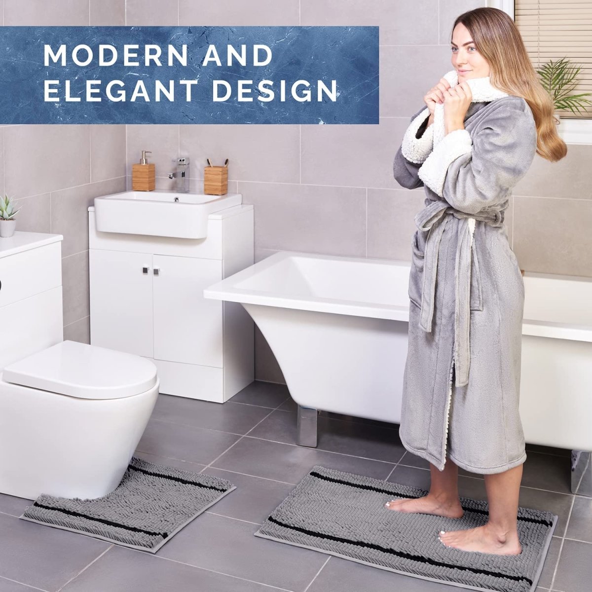 2-Piece Non-Slip Grey Bathroom Mat Set - Ultra Fluffy, Absorbent & Was ...