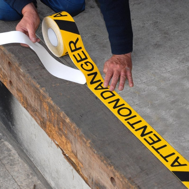 Black and Yellow Attention Danger Anti-Slip Tape ( 75mm x 18.3mm ) - Slips Away - H3447 Chemical Resistant Standard Safety-Grip -