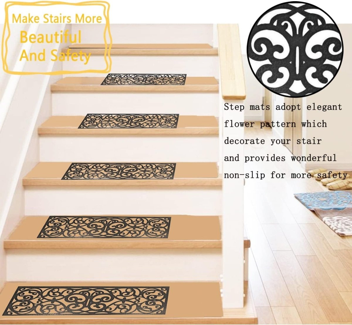 Black Rubber Stair Tread Covers - 75 x 25 cm, Non-Slip, Waterproof Mats for Indoor and Outdoor Stairs x 5 Pack - Slips Away - B08JZ66CW5 -