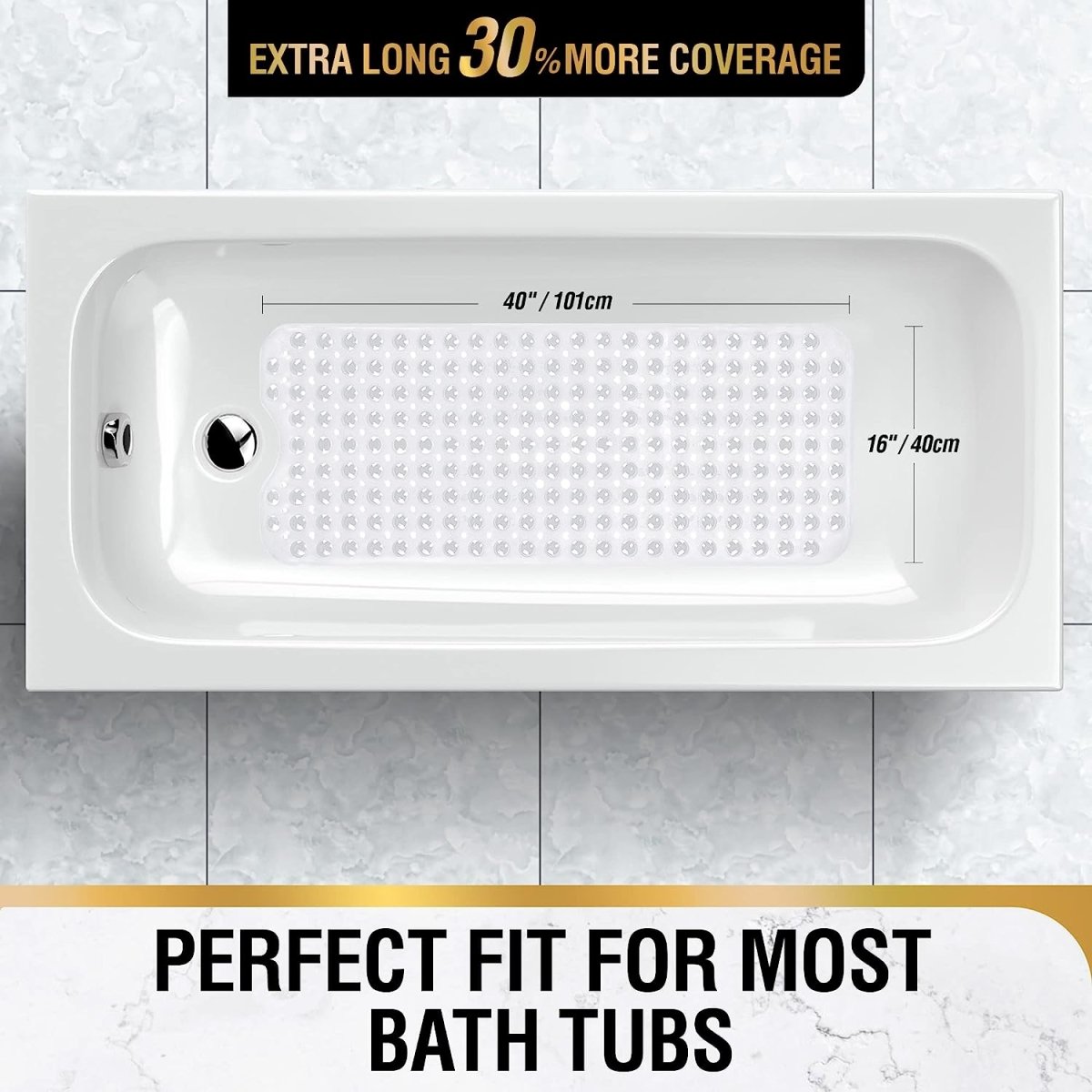 Extra Long Non-Slip Bath Mat for Tub - 100 x 40cm - Anti-Mould, Machine Washable Bathroom Bathtub Mat with Suction Cups and Drain Holes 