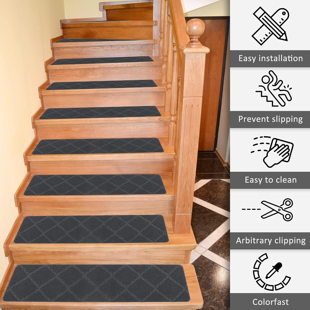 Grey Carpet Stair Treads 8"x 30" - 14-Pack | Non-Slip, Removable, and Washable | Ideal for Pets and Elders" - Slips Away - stair treads - B09PH3ZS3G -