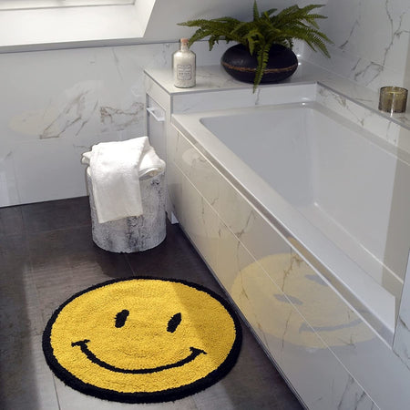 Happy Face Round Bath Mat 100% Cotton Reversible Emoji Yellow Rug 70 x 70cm - Slips Away - B09LHRX1BS -