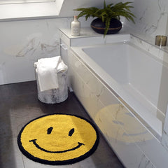 Happy Face Round Bath Mat 100% Cotton Reversible Emoji Yellow Rug 70 x 70cm - Slips Away - B09LHRX1BS -