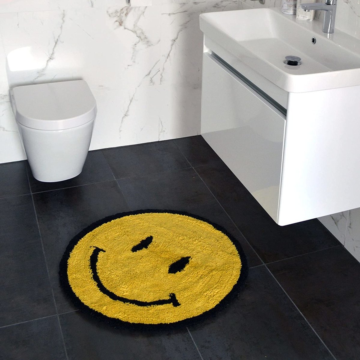 Happy Face Round Bath Mat 100% Cotton Reversible Emoji Yellow Rug 70 x 70cm - Slips Away - B09LHRX1BS -