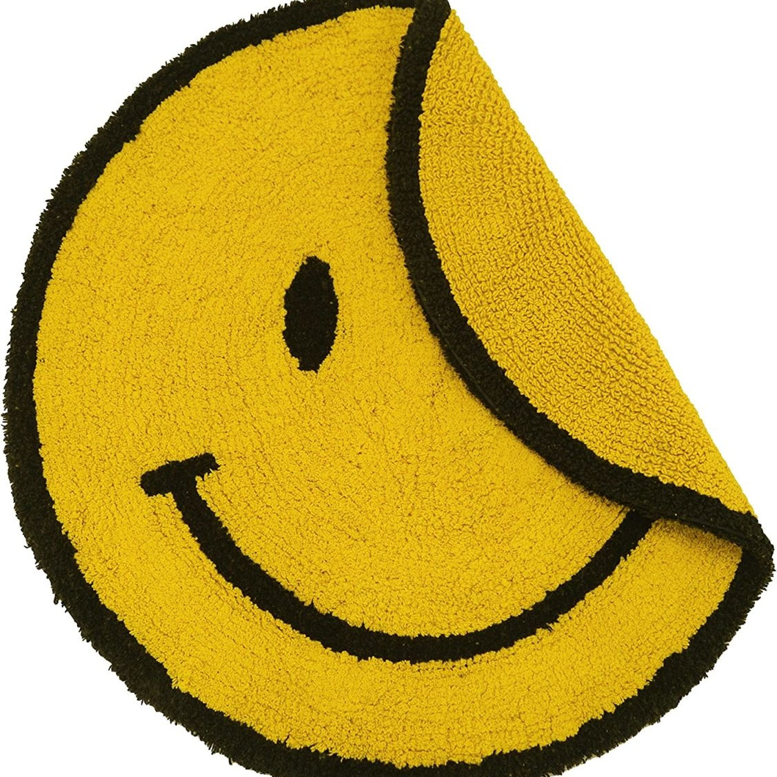 Happy Face Round Bath Mat 100% Cotton Reversible Emoji Yellow Rug 70 x 70cm - Slips Away - B09LHRX1BS -