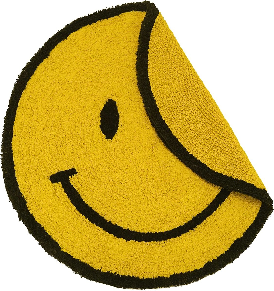 Happy Face Round Bath Mat 100% Cotton Reversible Emoji Yellow Rug 70 x 70cm - Slips Away - B09LHRX1BS -