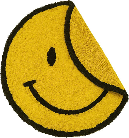 Happy Face Round Bath Mat 100% Cotton Reversible Emoji Yellow Rug 70 x 70cm - Slips Away - B09LHRX1BS -