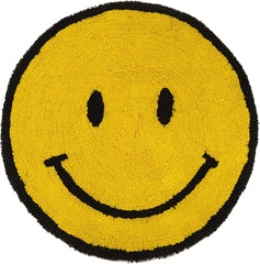 Happy Face Round Bath Mat 100% Cotton Reversible Emoji Yellow Rug 70 x 70cm - Slips Away - B09LHRX1BS -
