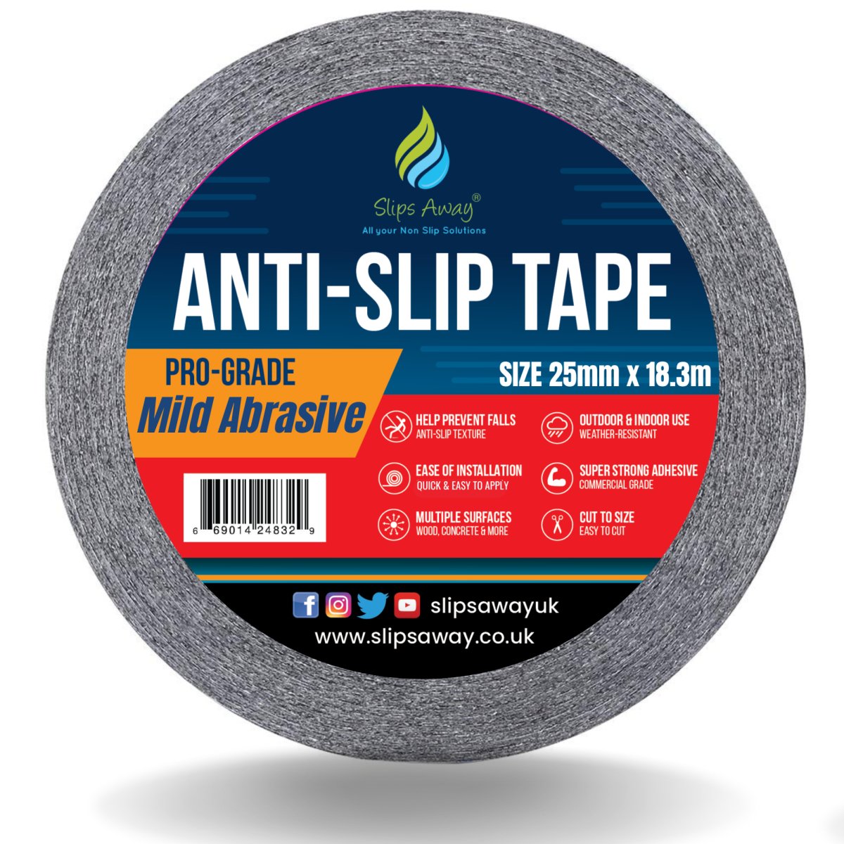 Mild Abrasive Safety-Grip Anti Slip Tape That Require a Milder Less Harsh Grip - Slips Away - Anti slip tape - H3432N 25MM X 18.3M -