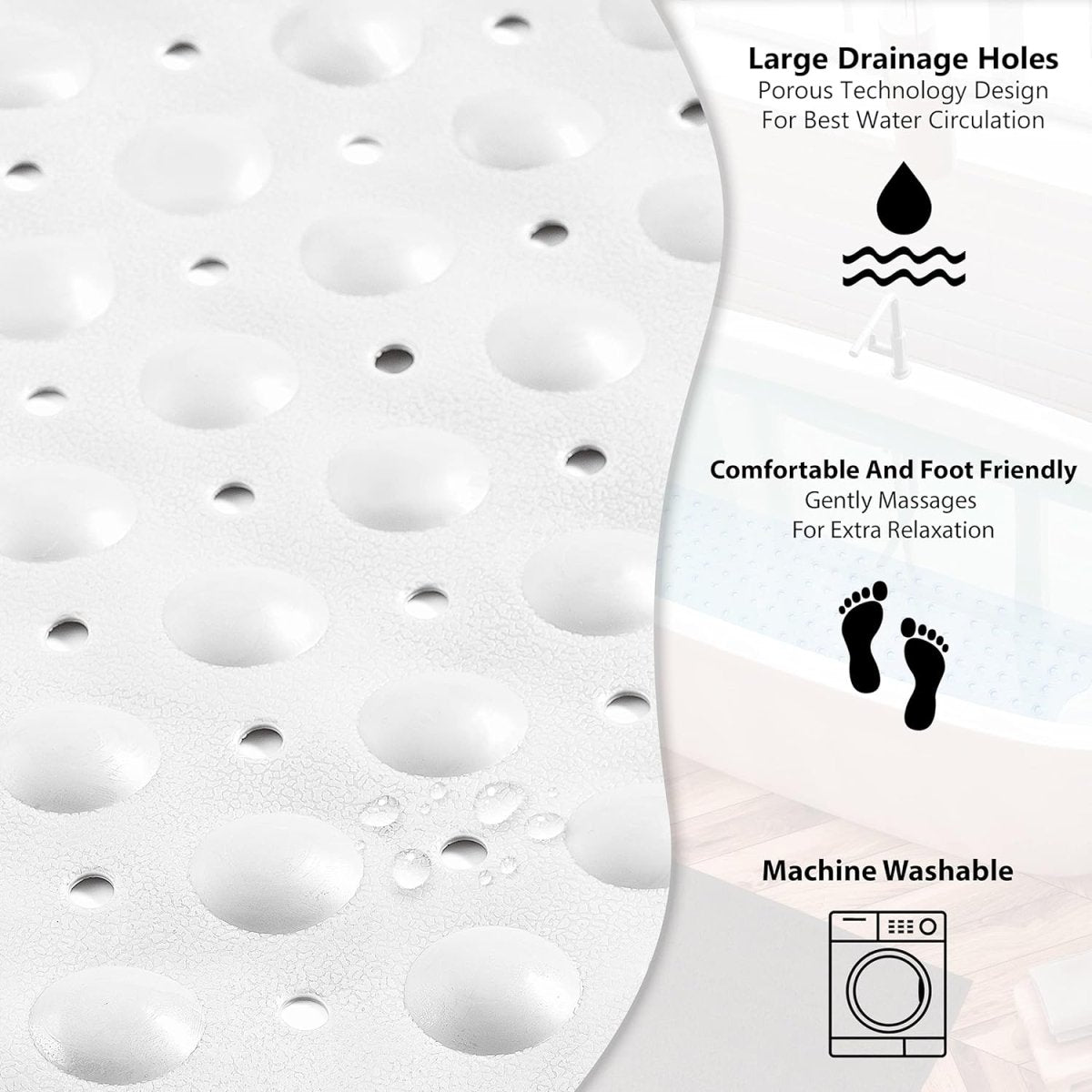 Non-Slip Bath Mat: 100x40cm, Easy to Clean, Comfortable, with Draining Holes, Modern Design - Slips Away - B08NWN37P7 -