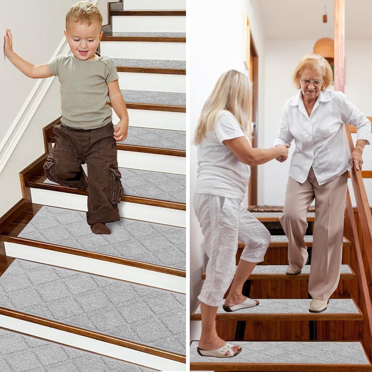 Non-Slip Edging Stair Treads - 22 x 70cm, Indoor Carpet Treads for Stairs Machine Washable, 100% Polyester - Slips Away - B0CFL3JCDD -