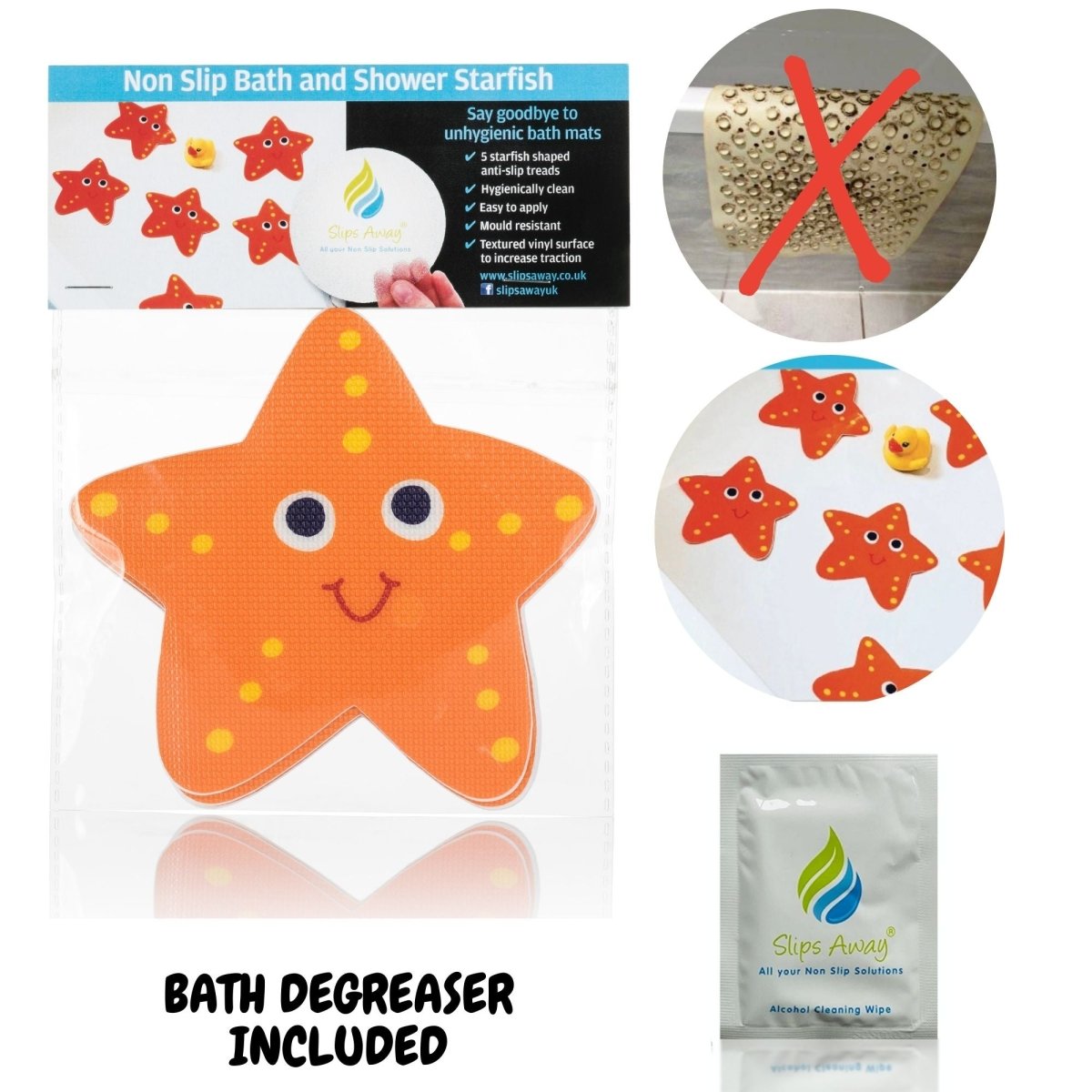 Non Slip Kids & Baby Bath Stickers - Smiley Starfish x5 - Slips Away - SA015 -