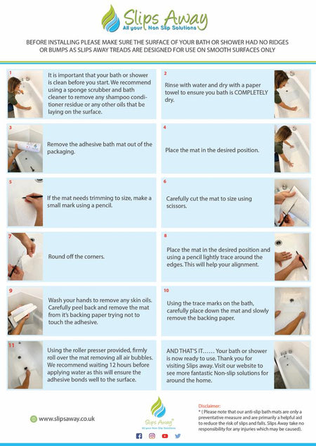 Ultra Thin Non Slip Adhesive Bath Mat FREE Roller Presser Included - Slips Away - SA077. -