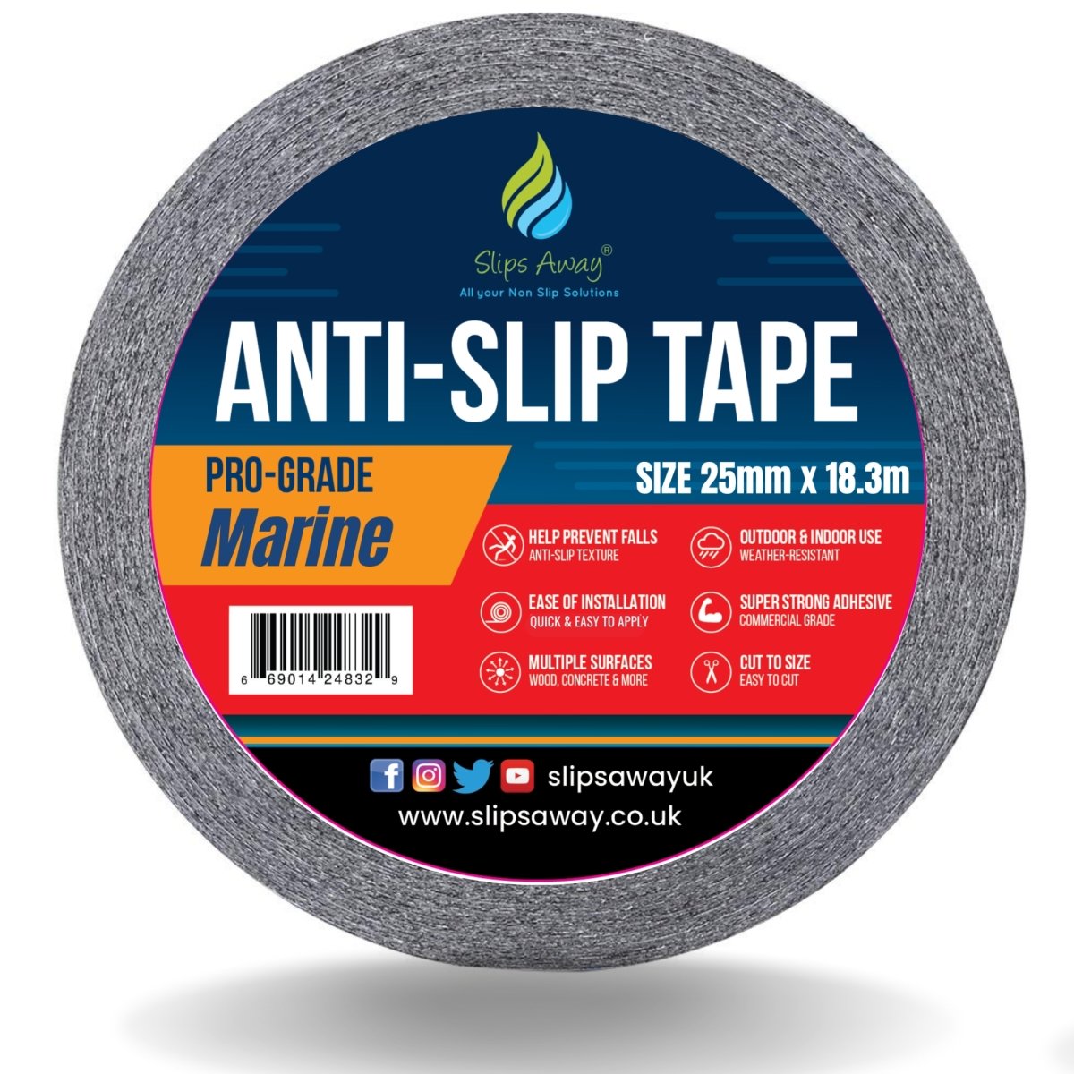 Waterproof Marine Safety-Grip Anti-Slip Tape Rolls - Slips Away - Anti slip tape - Marine-Safety-Grip-Black-25mm-1 -